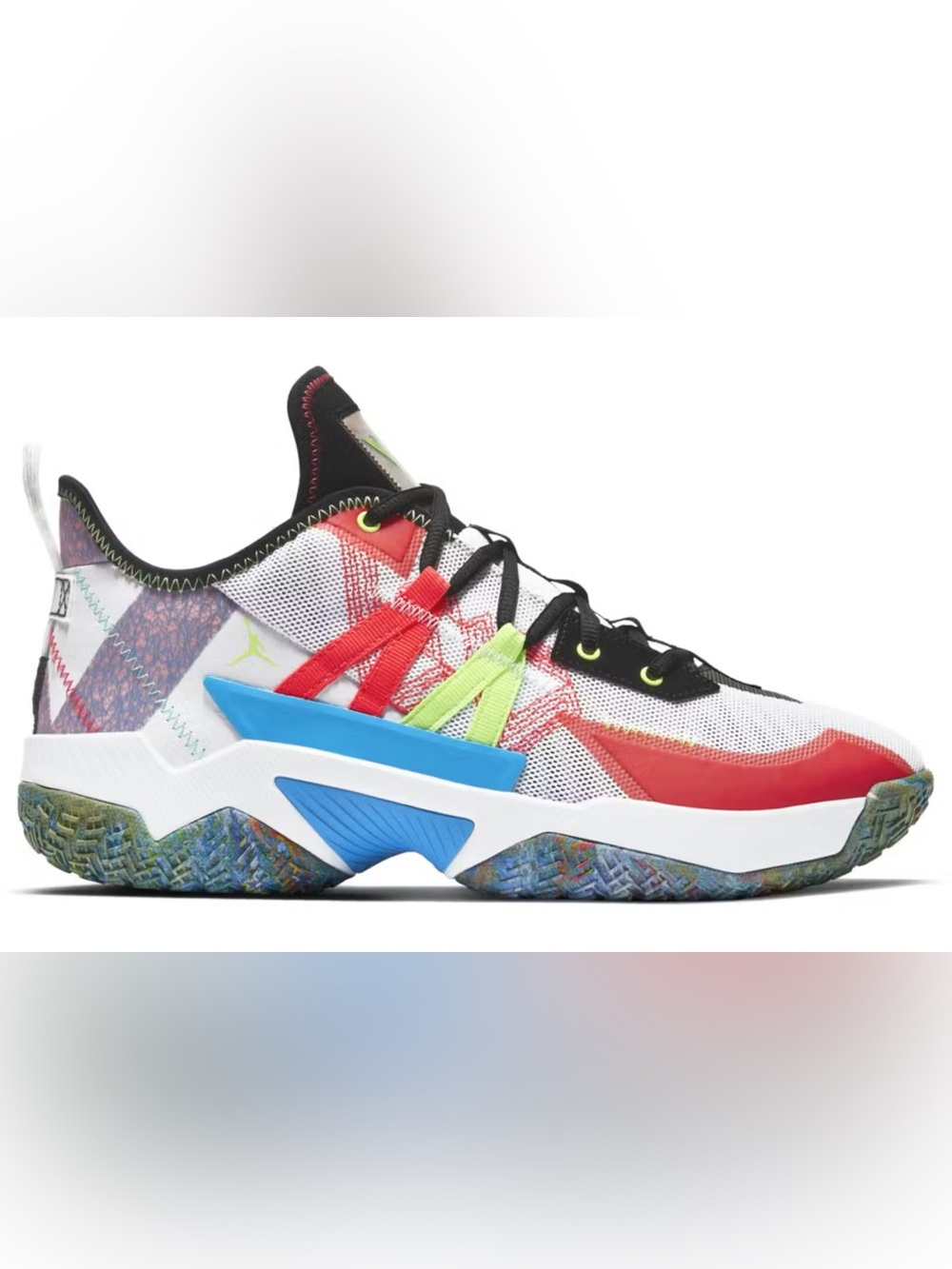 Jordan Mens White Sneakers with Red, Blue and Neon Green Accents